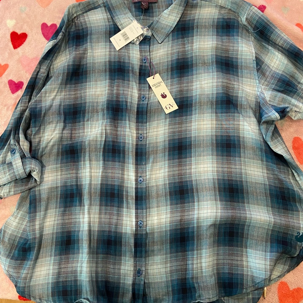 Gloria Vanderbilt Teal and Black Plaid “Amanda” Button Down Camp Shirt